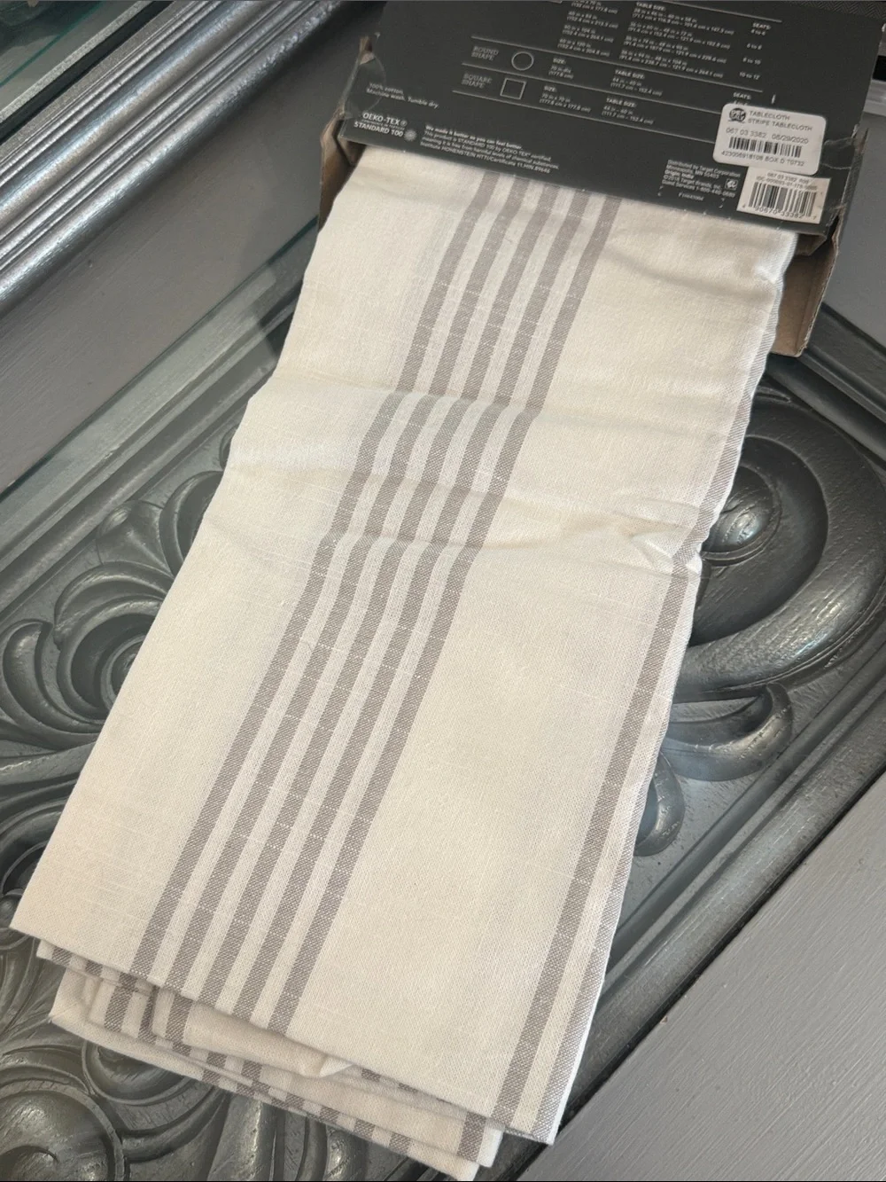 Threshold 52” x 70” White and Gray Striped Oblong Tablecloth